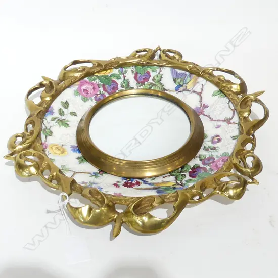 ROYAL STAFFORDSHIRE CONVEX MIRROR - FLORAL & BRASS BORDER 315mm dia