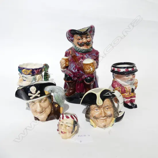 6 TOBY CHARACTER JUGS, INCL LG ROYAL DOULTON (H. 220mm), 4 SM (LGEST H 120MM) & MINIATURE (H. 53mm)