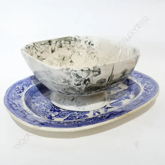 VINTAGE BLUE & WHITE WILLOW PLATE (335 X 265MM) & VINTAGE 'ANGLAIS' BOWL WITH RD STAMP (DIA 210MM)