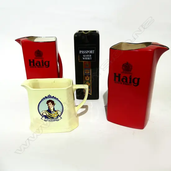 4 WHISKY JUGS; PR RED HAIG, PASSPORT & KING GEORGE IV