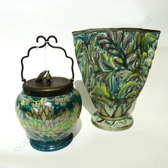 LGE GREEN FLORAL CERAMIC VASE H.270mm + LUSTRE BISCUIT BARREL