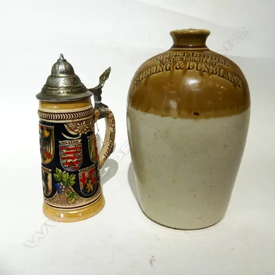 OLD STONEWARE WINE FLASK (H. 280MM)  + LIDDED GERMAN TANKARD 