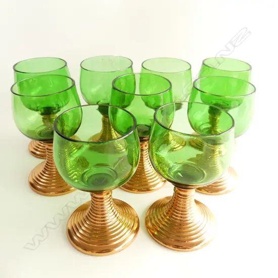 9 ROEMER STYLE GLASSES; GREEN WITH GOLD METAL STEMS  H. 127MM