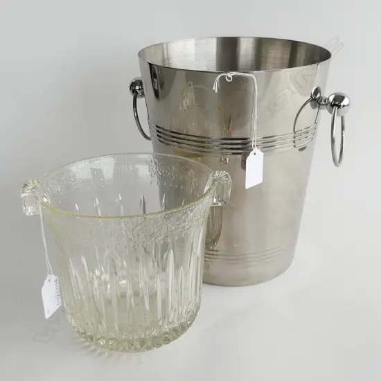 CHAMPAGNE BUCKET & VINTAGE PRESSED GLASS ICE BUCKET H. 230MM & 150MM