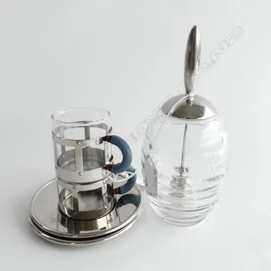 3 PCES ITALIAN ALESSIS; CRYSTAL HONEY POT H.200mm + PR COFFEE C/S (1 w. NO GLASS LINER)