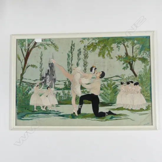 FRAMED BALLET EMBROIDERY ON GREEN LINEN 445x685mm