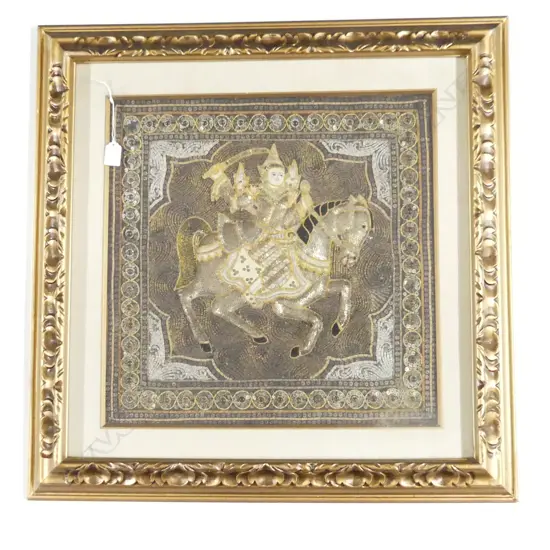 LGE FRAMED EMBROIDERED THAI HORSE & RIDER - GILT FRAME - 490x490mm