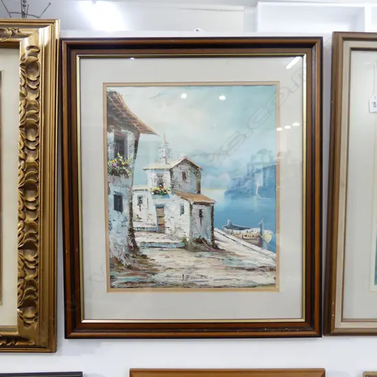 OIL ON BOARD, MEDITERRANEAN VILLAGE SCENE, SIGNED, 360 X 440MM