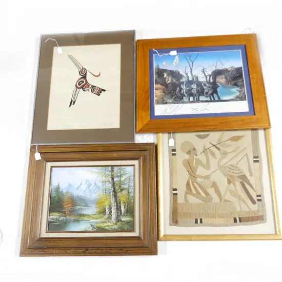 4 ARTWORKS; EGYPTIAN FABRIC PANEL 540x480mm, LANDSCAPE OIL, INUIT HUMMINGBIRD, DALI PRINT 