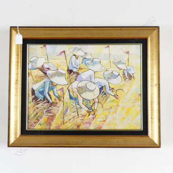 SIGNED OIL - ORIENTAL FARM WORKERS IN FIELD - GILT FRAME 290x390mm