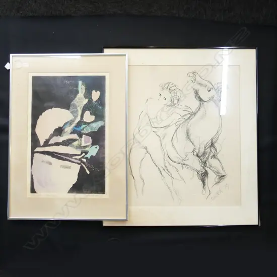 2 JILL STEWART ARTWORKS; BRAIN BURGER MONOPRINT '80 530x350mm + CHARCOAL DRAWING - HORSE & FIGURE 610x520mm