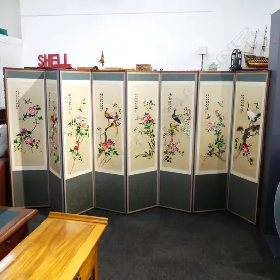 8 PANEL CHINESE SCREEN; EMBROIDERED BIRDS TO ONE SIDE, CALLIGRAPHY THE OTHER each panel 1700x440mm