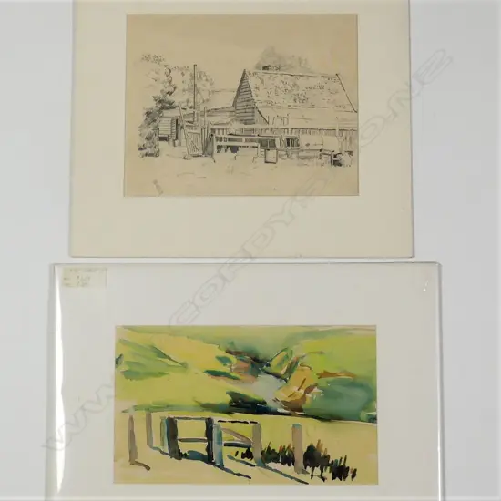 Kenneth W. Hassall (1902-1970) two works landscape watercolour (unsigned) and rural building sketch for 'Old Timbers' etching