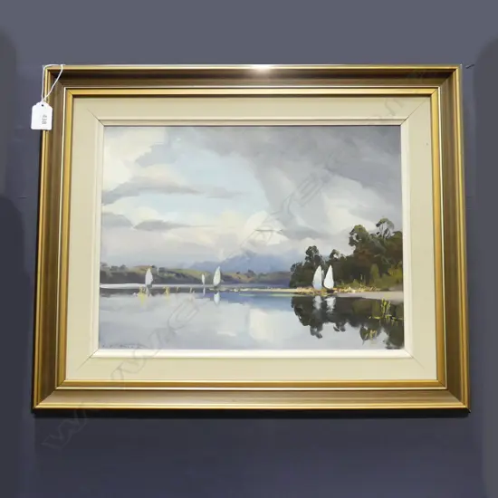 BRENT TROLLE 'RAIN SHOWER LAKE MAHINAPUA YACHT CLUB' OIL 285x385mm