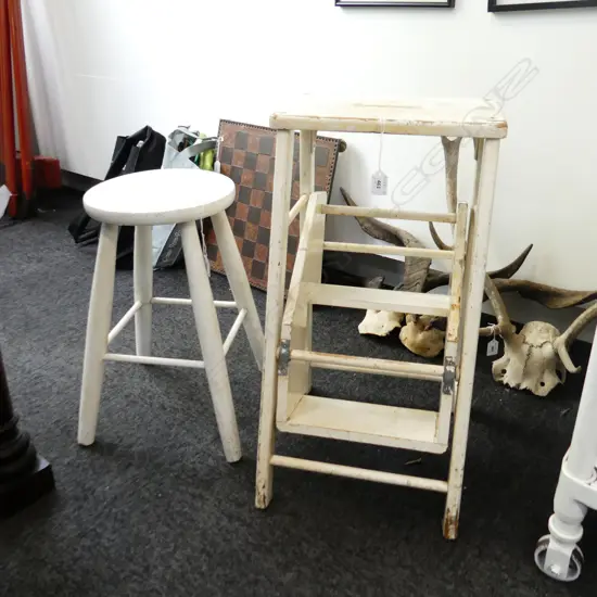 OLD WHITE PAINTED STOOL & STEP LADDER