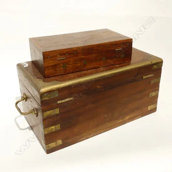 2 WOODEN & BRASS INLAID BOXES, 355 X 180MM & 230 X 130MM)