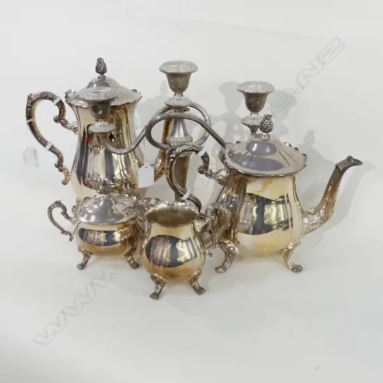 4 PC SILVER PLATE TEA SET & 3-ARM CANDELABRA H.. 255MM