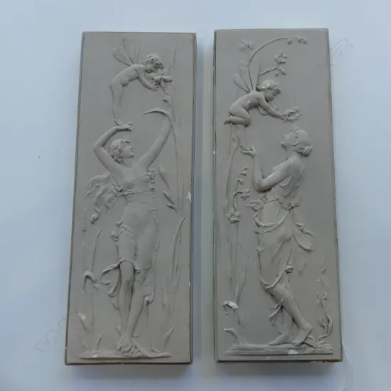 TWO ART NOUVEAU PLASTER FIGURAL WALL PLAQUES OF LADIES & FAIRIES (SOME MINOR PAINT LOSS) L 320MM