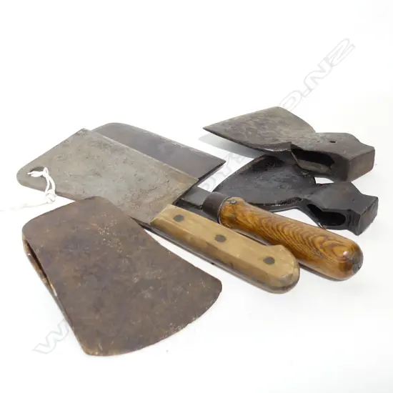 2 VINTAGE MEAT CLEAVER KNIVES + 3 AXE HEADS