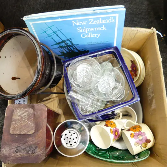 BOX LOT ASST. CERAMICS, GLASSWARE, GLAZED POTS ETC