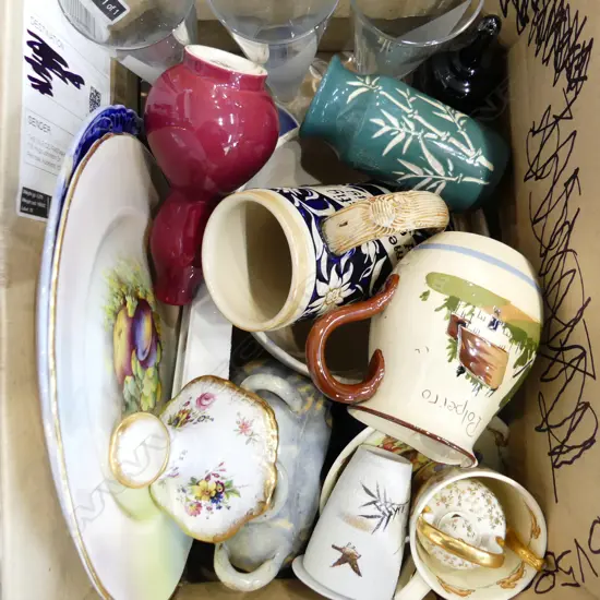 BOX LOT ASST. GOOD CHINA; 3 ORREFORS GLASSES ETC