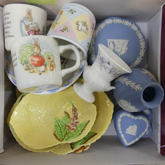 SM BOX ASST CHINA INCL WEDGWOOD NURSERY WARE & JASPERWARE, CARLTON WARE ETC..