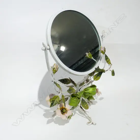 VINTAGE METAL TABLE MIRROR WITH APPLIED METAL FLOWERS ON STAND H. 400MM