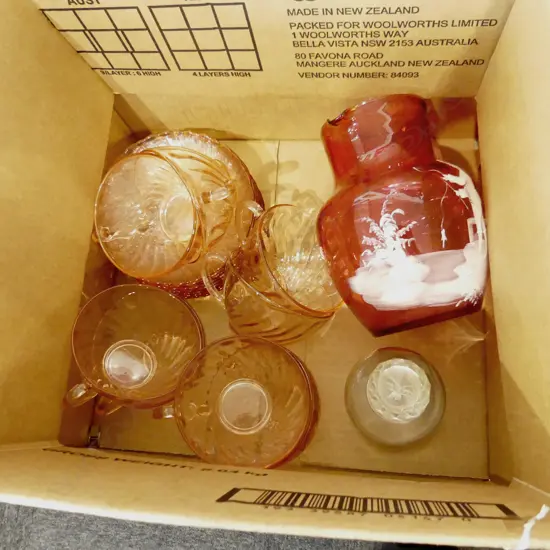 BOX GLASS INCL SM ROSE DECANTER, 8 LG PINK GLASS C&S'S & LG RUBY MARY MCGREGOR JUG (H. 190MM)