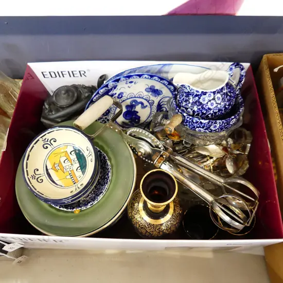 BOX LOT ASST. CHINA, CRYSTAL, COLLECTORS SPOONS