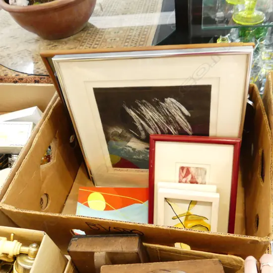 BOX LOT ASST. ARTWORKS, 2 TRAYS ETC