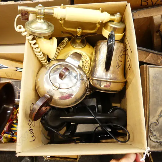 BOX LOT 2 VINTAGE TELEPHONES, 2 EP TEAPOTS, ETC