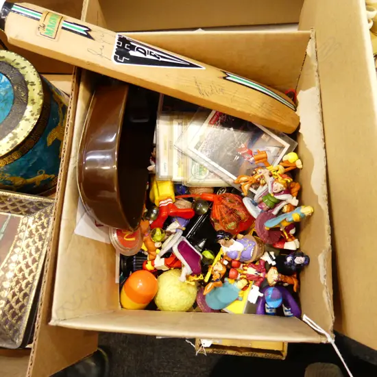 BOX LOT ASST. MCDONALDS TOYS, BASKET BALL CARDS, AIR NZ DISH, CRICKET BAT