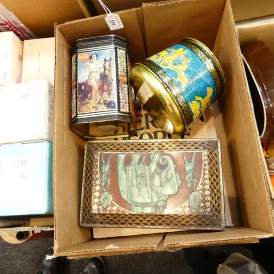 BOX LOT 3 VINTAGE TINS + BOOK 'PICTORIAL HISTORY OF THE AMERICAN PEOPLE'