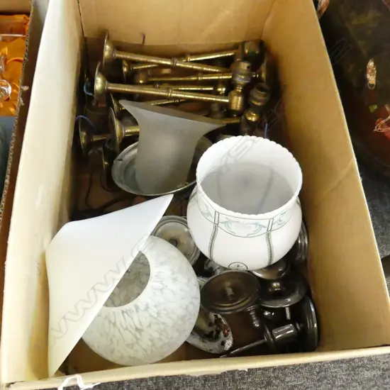 BOX LOT ASST OLD BRASS & CHROME FITTINGS ETC. + OLD LIGHT FITTINGS