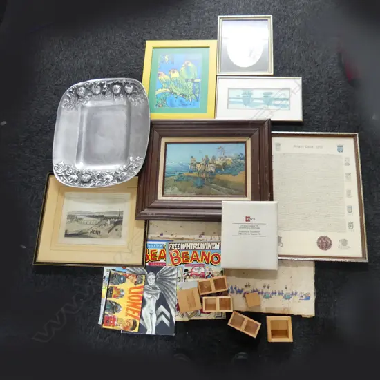 BOX LOT ASST. ARTWORKS, BEANO COMICS, METAL TRAY, PR HAND PAINTED CHINESE ARTWORKS