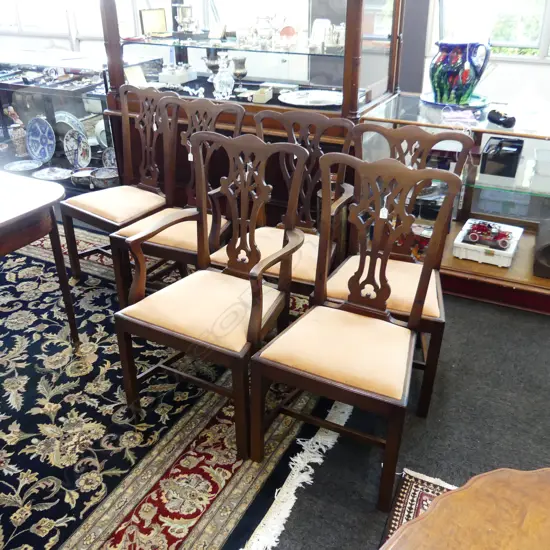 SET  C1900 CHIPPENDALE STYLE CHAIRS. TWO CARVER AND 4 DINING CHAIRS WITH TYPICAL CHIPPENDALE SPLAT.