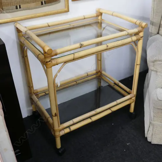 20THC BAMBOO TROLLEY WITH TWO GLASS SHELVES. H.750mm
