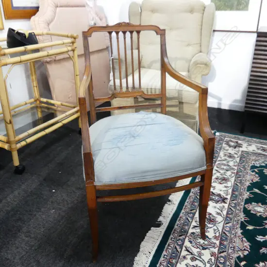 EDWARDIAN PERIOD SHERATON REVIVAL CARVER CHAIR. CENTRAL SPLAT AS VERTICAL REEDED PILLARS.