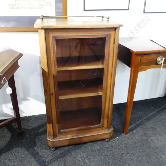 SHERATON STYLE EDWARDIAN DISPLAY CABINET, UPPER BRASS RAIL INLAID TOP OVER GLASS DOOR. NEEDS SOME ATTENTION H. 890mm