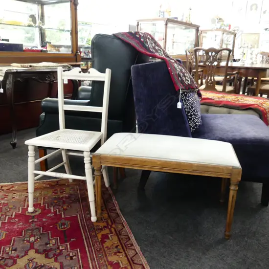 2 ITEMS. FIRESIDE RECTANGULAR STOOL AND SMALL RATTAN SEATED CHAIR ( NEEDS ATTENTION ) . STOOL  L .750mm 