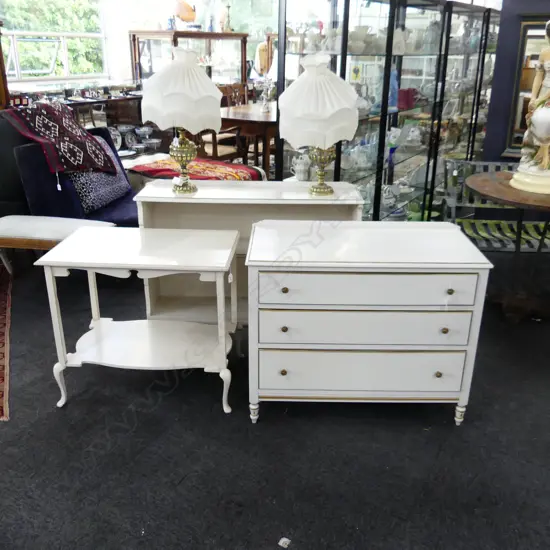 3 ITEMS WHITE PAINTED FURNITURE. CHEST OF THREE  DRAWERS L.900mm .SMALL BOOKCASE L. 1050mm  OCCASIONAL TABLE L. 760mm