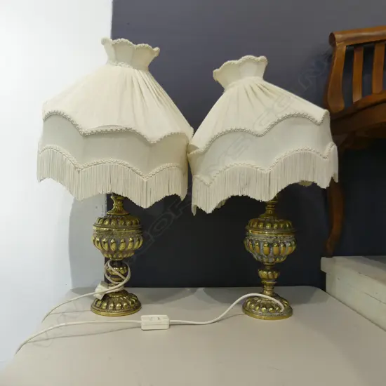 2 BRASS TABLE LAMP BASES WITH SHADES H. 650MM FAULTS