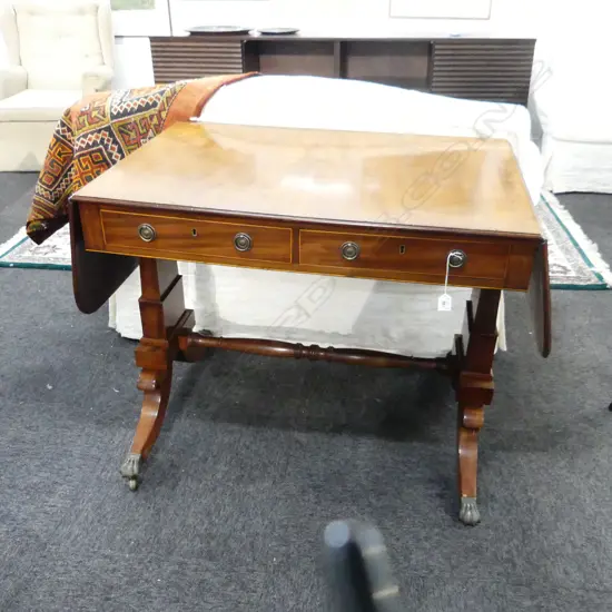 SHERATON REVIVAL SOFA TABLE. 2 DRAWERS WITH RING HANDLES. L.900mm EXTENDED L. 1500mm