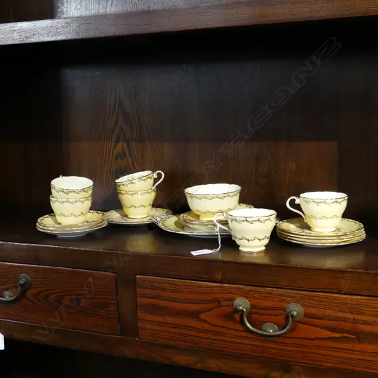 6 AYNSLEY BONE CHINA TRIOS + CAKE PLATE & SUGAR BOWL