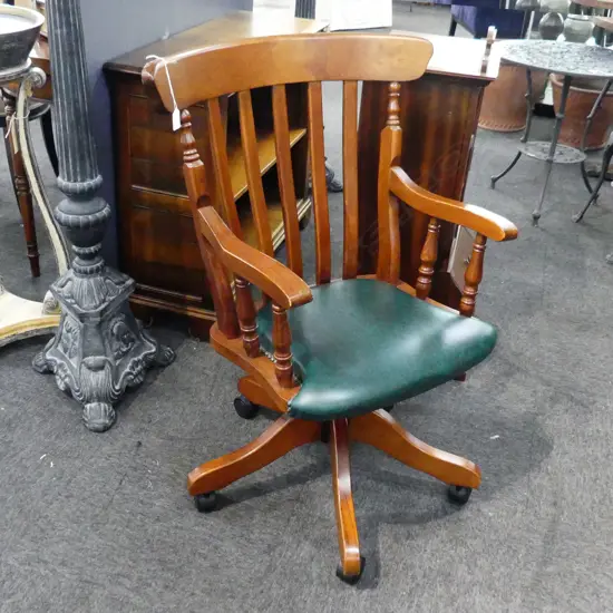 EDWARDIAN GREEN LEATHER SEAT SWIVEL DESK CHAIR 