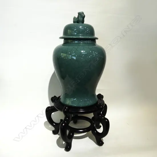LGE LIDDED CELADON GINGER JAR ON STAND H.700mm