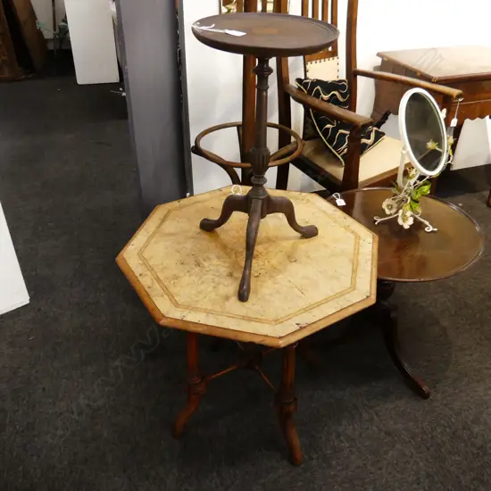 2 OCCASIONAL TABLES. ONE SMALL WINE TABLE IN SHERATON STYLE ON 3 SPLAY LEGS DIA 275mm, OTHER WALNUT OCTAGONAL DIA 600mm