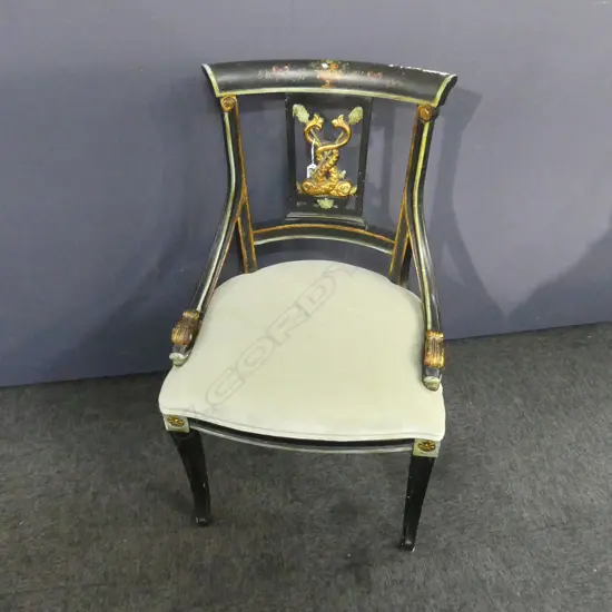 HANDPAINTED  EBONISED LOUIS XIV STYLE SALON CHAIR. 19THC WITH DOLPHIN DETAIL TO THE SPLAT AND ARM TERMINALS.
