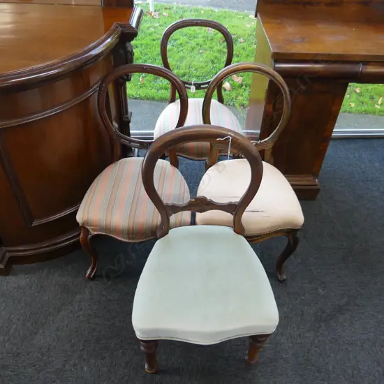 4 BALLOON BACK CHAIRS.ONE PAIR WITH MATCHING RAILS, OTHER TWO DIFFERENT. SOME UPHOLSTERY FAULTS.