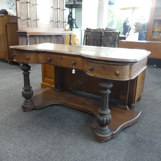 BURR WALNUT 19THC DRESSING TABLE BASE. THREE FRIEZE DRAWERS ON LOBED & REEDED PILLARS . NB TOP PLATEAU LOOSE L.1380mm